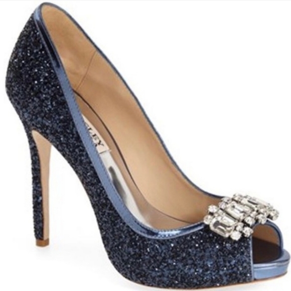 Badgley Mischka Metallic Navy Blue Glitter Rhinestone stilettos - Picture 1 of 16